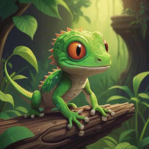 A cute baby gecko, symbolizing spiritual good omens, vibrant green colors, intricate scale patterns, serene nature background, soft sunlight filtering through leaves, peaceful and uplifting atmosphere, embodiment of positive energy, 4k