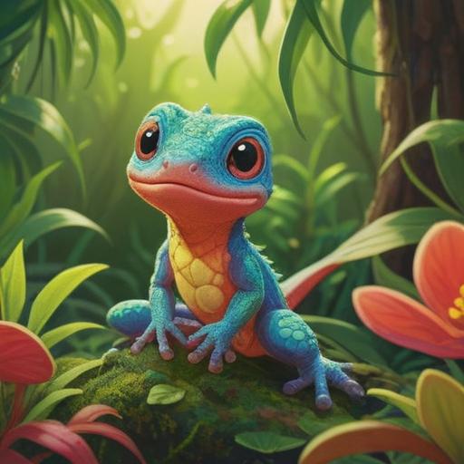 A cute baby gecko sitting on a colorful lucky charm, bright sunlight filtering through lush green leaves, a feeling of joy and positivity, intricate patterns on the charm, vibrant colors, serene nature background, playful atmosphere, 4k