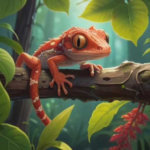 A heartwarming scene of a baby gecko perched on a branch, surrounded by vibrant greenery, early morning light filtering through leaves, a sense of new beginnings, bright and cheerful atmosphere, gentle expressions of the gecko, symbolizing hope and renewal, 4k