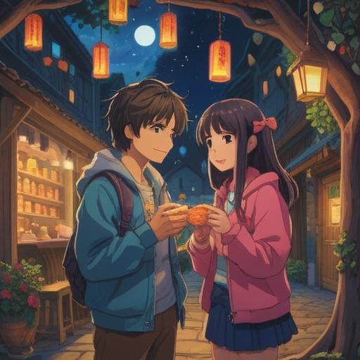 A charming illustration of two friends exchanging lucky charms, vibrant colors, warm smiles, symbolic connection represented by glowing charms, cozy outdoor setting, sunlight filtering through trees, a sense of joy and friendship, detailed expressions, magical atmosphere, 4k