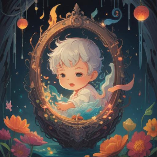 A serene and ethereal scene depicting a peaceful baby in a soft, glowing light, surrounded by gentle, flowing colors, symbols of spirituality like delicate feathers and soft clouds, a sense of warmth and positivity emanating from the baby, subtle beams of light suggesting a spiritual connection, calming atmosphere, harmonious composition, 4k