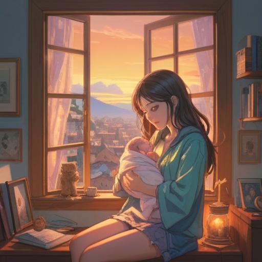 A cozy scene of a parent holding a newborn, surrounded by soft pastel colors, gentle sunlight streaming in through a window, an array of calming essential oils on a nearby table, aromatic clouds swirling in the air, a feeling of warmth and happiness, serene expressions, detailed textures of baby clothes and aroma bottles, soothing ambiance, 4k