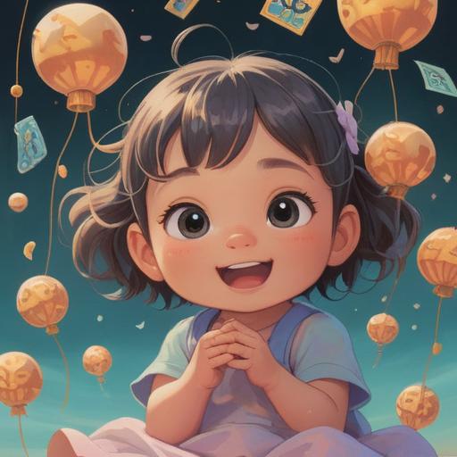 A serene image of a smiling baby surrounded by a soft glow, representing good luck, gentle pastel colors, whimsical elements like floating lucky charms, playful expressions, calming atmosphere, nature-themed background with blooming flowers, joyful vibes, 4k