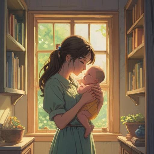 A serene and thoughtful scene depicting a parent gently holding a baby, warm sunlight filtering through a window, soft pastel colors, a subtle aura surrounding the baby symbolizing spiritual connection, small twinkling lights representing positive energy, a peaceful home environment filled with plants and soothing elements, reflective expressions of the parent, 4k