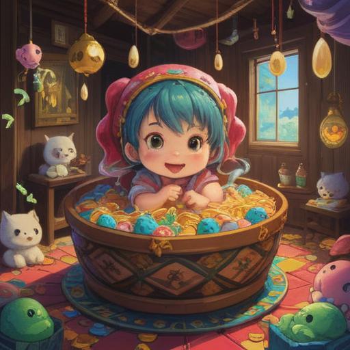 A whimsical illustration of a baby surrounded by lucky charms, vibrant colors, a joyful atmosphere, smiling characters, feng shui elements, a magical garden setting, playful interactions, detailed lucky items like four-leaf clovers and horseshoes, 4k