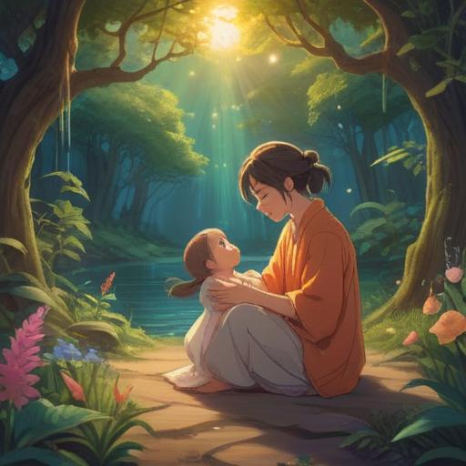 A serene and peaceful scene depicting a loving interaction between a parent and a baby, soft ethereal light illuminating their faces, gentle expressions conveying trust and affection, a calming environment with pastel colors, symbols of spirituality such as soft feathers and peaceful nature elements, evoking feelings of connection and positivity, 4k