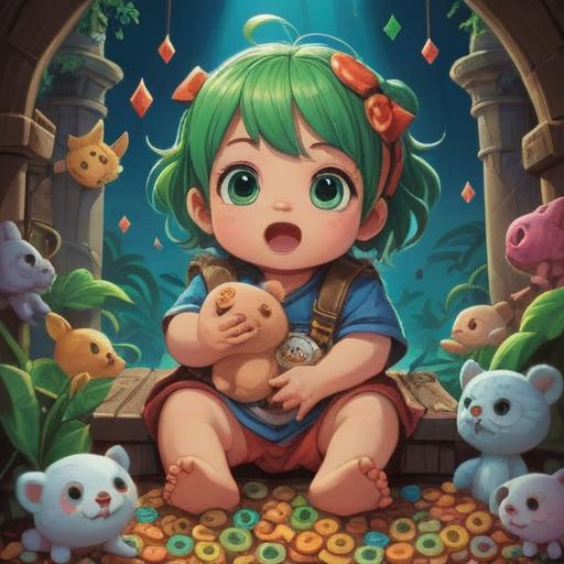 A charming illustration of a cute baby surrounded by lucky charms, bright and colorful, playful atmosphere, various lucky symbols like four-leaf clovers, horseshoes, and lucky cat figurines, joyful expressions, soft and inviting environment, whimsical design, 4k