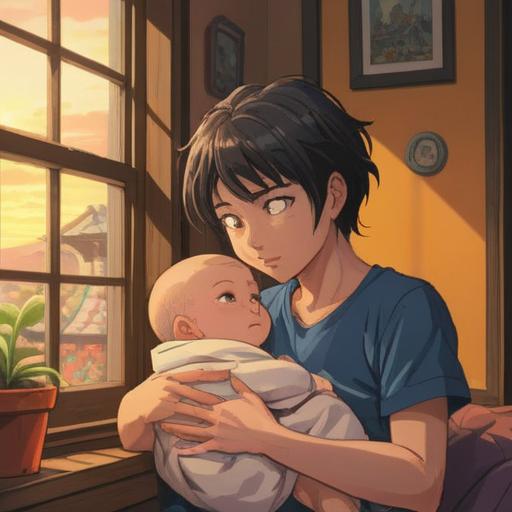 A serene scene of a parent gently cradling their baby, tender expressions on both faces, warm sunlight filtering through the window, baby’s soft features highlighted, cozy nursery setting with pastel colors, emotional connection visualized through body language, deep bond of love and trust, calm and nurturing atmosphere, 4k