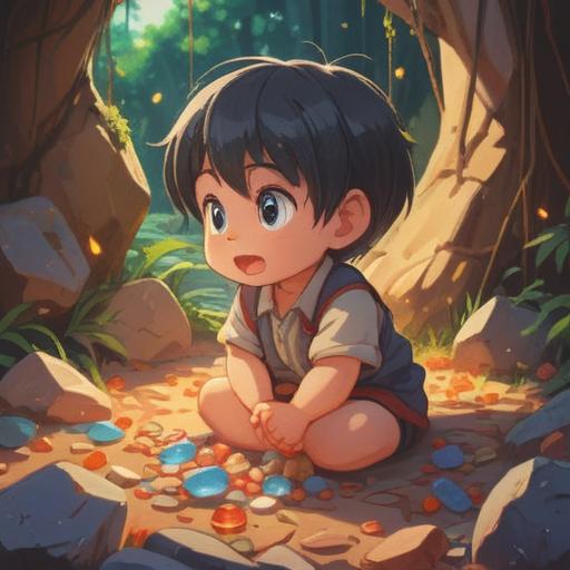 A serene illustration capturing a baby's curious gaze, warm sunlight filtering through, scattered lucky stones glimmering in the foreground, soft pastel colors, gentle expressions, a sense of hope and positivity, cozy indoor setting, plush toys around, 4k