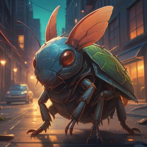 A baby cockroach symbolizing a spiritual good sign, gentle and whimsical representation, vibrant colors, ethereal glow, contrasting urban environment, serene facial expression, surrounded by positive energy aura, intricate details, uplifting and hopeful atmosphere, 4k