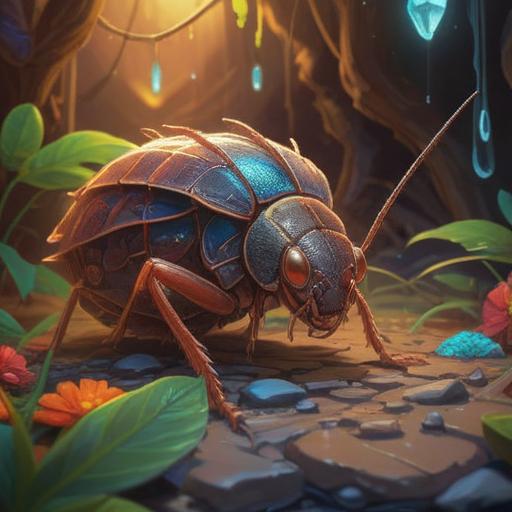A curious scene depicting a baby cockroach emerging, vibrant colors, a mystical aura surrounding it, subtle spiritual symbols in the background, an inviting atmosphere, gentle light illuminating the creature, signs of caution visible in the environment, elements of nature intertwining with the setting, 4k