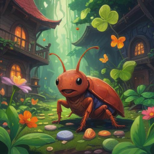 A whimsical scene featuring a tiny baby cockroach, surrounded by various lucky charms like a four-leaf clover, a horseshoe, and a lucky cat, colorful and vibrant details, playful atmosphere, cartoonish character design, light-hearted and humorous setting, 4k