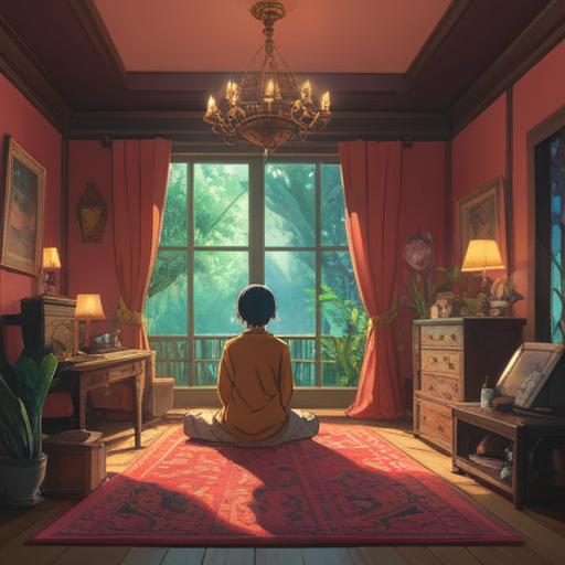 A serene scene depicting a person in a peaceful room, surrounded by soft light, meditating with calm expressions, a gentle aura of tranquility, symbolic representation of inner cleansing, baby cockroaches crawling gently in the background, conveying the idea of overcoming fears, harmonious atmosphere, soothing colors, 4k