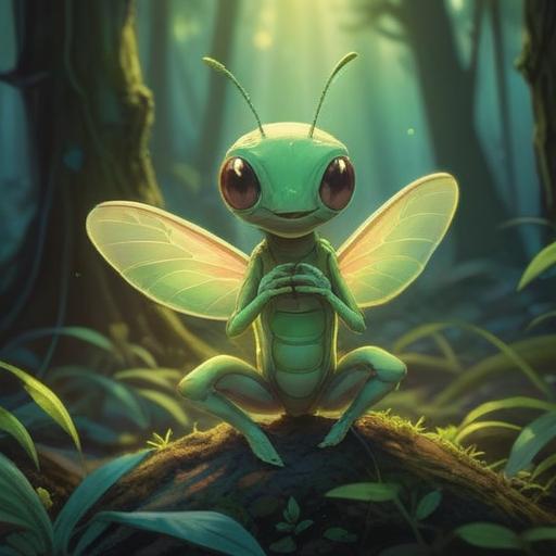 A serene and mystical illustration of a baby praying mantis, glowing softly in a lush, green forest, surrounded by ethereal light, symbolizing transformation and spiritual awakening, delicate features showcasing its innocence, harmoniously integrated with nature, capturing the essence of rebirth and enlightenment, 4k