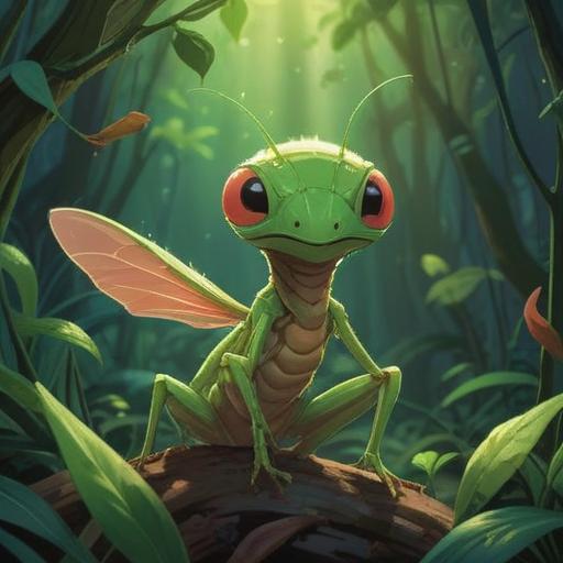 A baby mantis nestled among vibrant green foliage, glowing ethereal light surrounding it, symbolizing spiritual growth and positive signs, serene expression on its tiny face, detailed textures of leaves and flowers, harmonious nature scene, uplifting and tranquil atmosphere, 4k