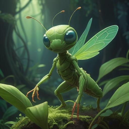 A tiny baby mantis emerging from lush green foliage, surrounded by a soft, ethereal glow, representing spiritual awakening, delicate fingers reaching out, a sense of calm and connection, vibrant nature, harmonious coexistence, magical atmosphere, intricate details highlighting the mantis's features, 4k