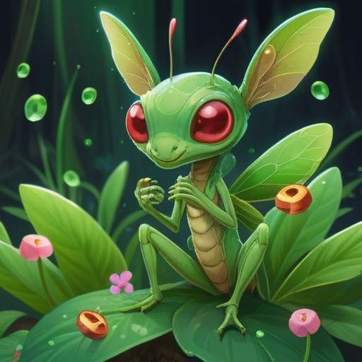 A cute praying mantis baby perched on a vibrant green leaf, surrounded by sparkling lucky charms like small coins and four-leaf clovers, bright sunlight filtering through trees, whimsical and magical atmosphere, lush garden background, vivid colors, detailed textures, 4k