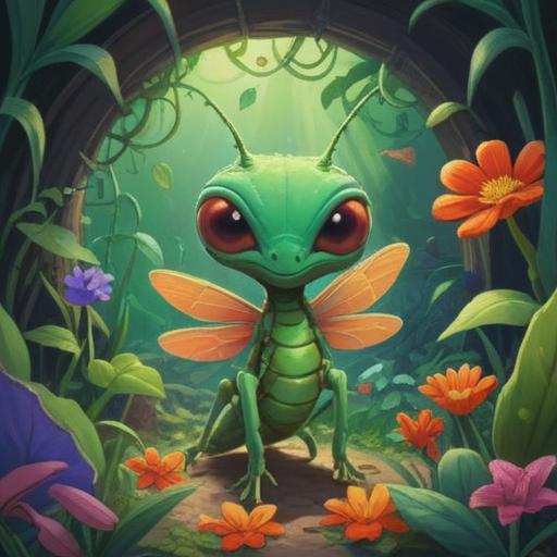 A baby mantis delivering a mysterious message, vibrant green hues, enchanting garden setting, delicate flowers surrounding, whimsical atmosphere, curious expression on the mantis, intricate details of the insect, magical sunlight filtering through leaves, captivating storytelling elements, 4k
