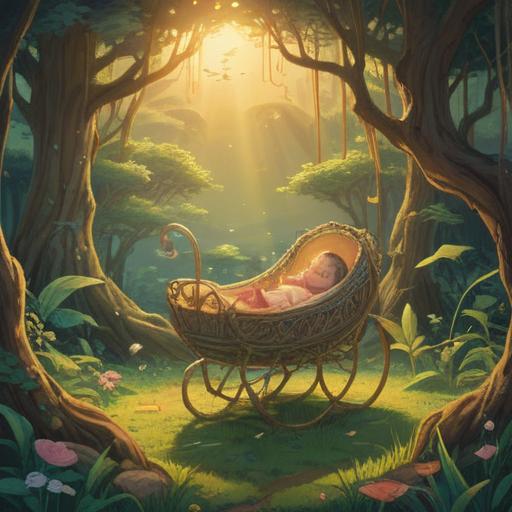 A serene and ethereal scene depicting the spiritual significance of a baby's arrival, soft golden light illuminating a gentle, peaceful environment, symbolic elements such as blooming flowers and feathers, a sense of harmony and joy in the air, an aura of love and cosmic connection, 4k