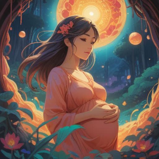 A serene and mystical scene depicting a glowing aura surrounding a pregnant mother, soft light illuminating her joyful expression, symbols of love and protection in the background, ethereal elements like butterflies and flowers, a sense of peace and anticipation in the atmosphere, 4k