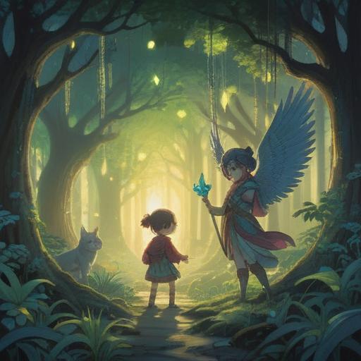 A serene scene depicting a mystical moment, soft glow surrounding a baby, symbolic guardians in the background, gentle light filtering through the trees, ethereal patterns in the air, vibrant colors representing love and protection, signs of spiritual presence like feathers or orbs, tranquil ambiance, hopeful energy, 4k