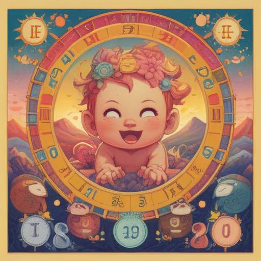 A whimsical illustration of a calendar marked with special dates, a playful baby rattle in the foreground, cheerful pastel colors, a smiling sun in the sky, happy animals surrounding the calendar, a feeling of anticipation and joy, enchanting atmosphere, cute character designs, 4k