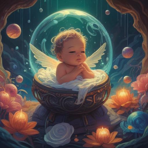 A mystical scene depicting a newborn baby surrounded by ethereal light, symbols of balance and harmony, gentle wisps of color representing spirituality, serene atmosphere, parents looking on with joy, soft pastel hues, nature elements like flowers and butterflies, representing blessings, inherent wisdom in the baby's gaze, hinting at positive energies, magical aura, 4k