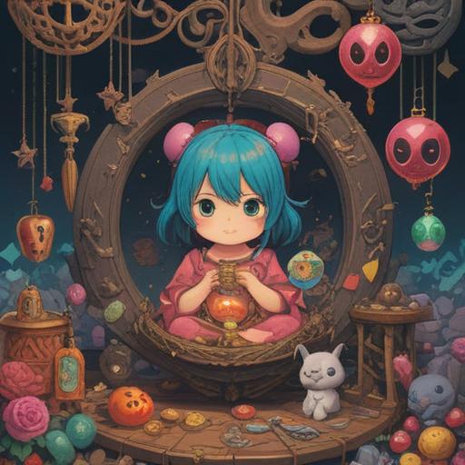 A charming illustration of baby gender symbols, surrounded by various lucky items like talismans and charms, depicting positive effects such as joy and prosperity, soft pastel colors, whimsical design, engaging details, serene atmosphere, inviting and cheerful setting, 4k
