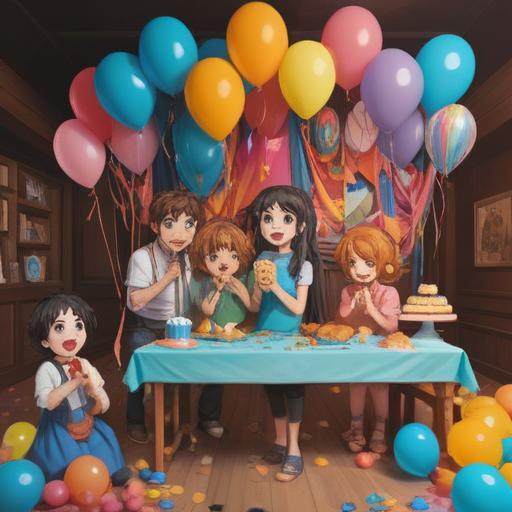 A joyful celebration scene for a baby's gender reveal ceremony, decorated with colorful balloons and banners, family and friends gathered, smiling faces, a beautifully adorned cake displaying pink and blue accents, a playful atmosphere filled with laughter and excitement, outdoors in a sunny garden, 4k