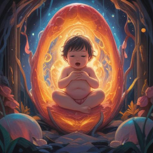 A spiritual illustration depicting a baby in the womb in a breech position, symbolic representation of new beginnings, ethereal light illuminating the scene, serene and calming colors, abstract patterns symbolizing energy flow, maternal connection with the baby, gentle curves and soft textures, dreamlike atmosphere, 4k