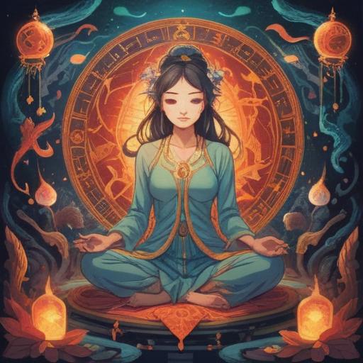 A mystical and serene illustration depicting a woman in a meditative pose, surrounded by ethereal symbols representing spiritual signs, gentle light illuminating the scene, soft pastel colors, a tranquil environment with nature elements like trees and flowing water, the feeling of balance and harmony, intricate details on the symbols, 4k