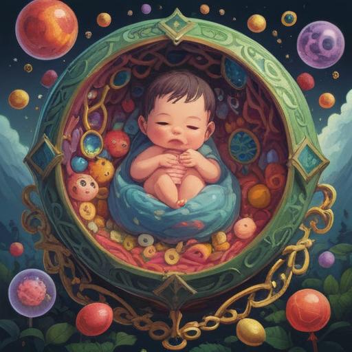 A serene illustration of a baby in the womb, surrounded by soothing talismans and lucky charms, gentle colors, calming atmosphere, symbolic items like a horseshoe and a four-leaf clover, warm light filtering in, soft textures, harmonious composition, 4k