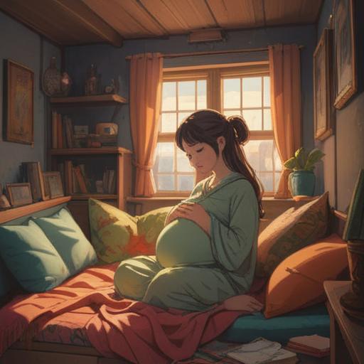 A serene and peaceful scene depicting a pregnant woman in a cozy home environment, surrounded by soft pillows and comforting blankets, gentle sunlight filtering through the window, calming atmosphere, mindfulness and preparation for childbirth, nurturing moments with a partner, a sense of support and love, anticipation of new life, soothing colors, 4k