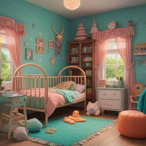 A serene and cheerful scene depicting a cozy nursery, a glowing lucky charm in the foreground, soft pastel colors, an inviting crib with baby clothes hanging, a window with sunlight streaming in, joyful decorations like storks and baby mobiles, warm and welcoming atmosphere, representing good fortune for welcoming a baby, 4k