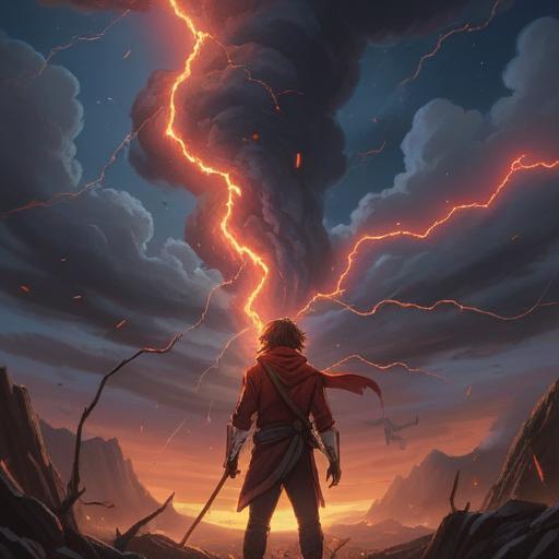 A mystical depiction of red lightning, symbolizing spiritual awakening, vivid red bolts illuminating a dark sky, ethereal energy radiating from the strikes, surrounded by swirling clouds and sparks, a sense of power and enlightenment, breathtaking landscape below, 4k