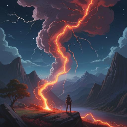 A striking image of a red lightning bolt illuminating the night sky, symbolizing spiritual awakening and positive change, surrounded by ethereal glow, serene landscape below, mystical symbols in the air, vibrant colors reflecting hope and transformation, 4k
