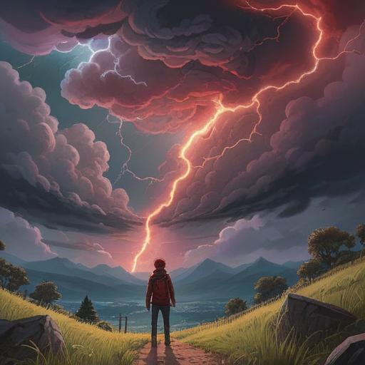 A vivid illustration depicting a stormy sky filled with red lightning, a mystical atmosphere with swirling clouds, individuals gazing upwards in awe, nature's raw power symbolizing spiritual awakening, dark and ominous landscapes, hints of ancient symbols in the foreground, 4k