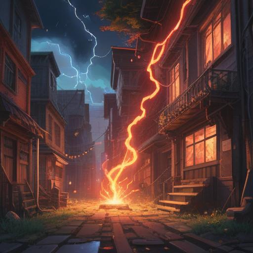 A surreal fantasy scene depicting a vibrant red lightning bolt striking the ground, illuminating a small, intricately designed lucky charm glowing beneath it, surrounded by swirling clouds and a mystical forest in the background, rich colors, dynamic contrast, magical atmosphere, detailed elements, 4k