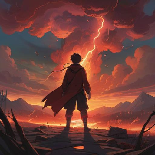 A dramatic scene depicting a landscape scorched by red lightning, ominous clouds swirling in the sky, a silhouette of a person standing in awe, surrounded by charred earth and glowing embers, a sense of resilience and awareness in the air, vibrant red streaks contrasting against dark stormy hues, nature's power displayed, atmospheric tension, realistic details, 4k