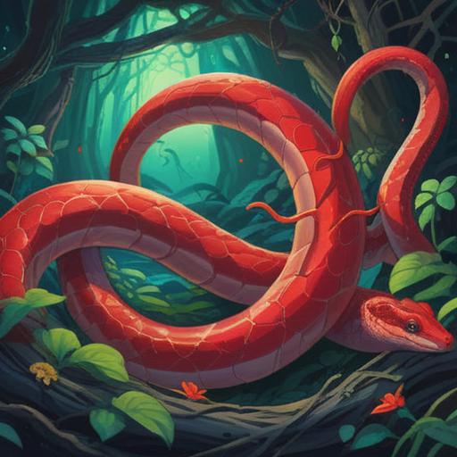A red snake symbolizing spiritual transformation, vibrant colors, entangled in mystical energy, surrounded by ancient symbols, serene nature background, representing rebirth and healing, evoking a sense of wisdom and intuition, captivating presence, detailed scales, 4k