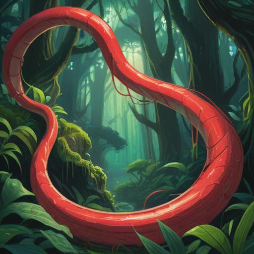 A vibrant illustration of a red snake winding through a lush, green forest, symbolizing spiritual awakening, sunlight filtering through the leaves, serene atmosphere, ancient symbols hidden in the background, a sense of peace and harmony, mystical presence, clear focus on the snake's intricate patterns, feeling of good omens, 4k