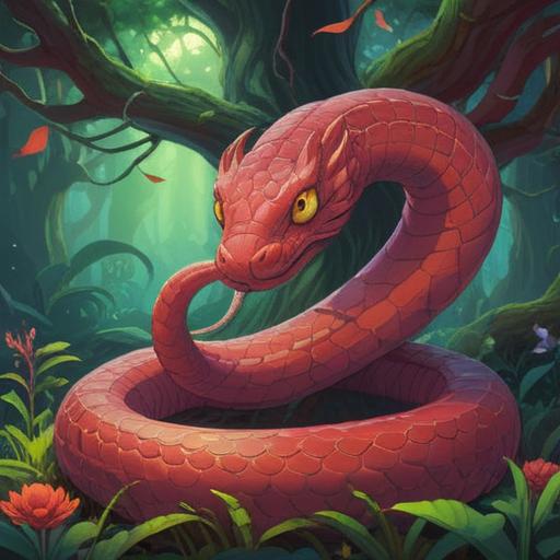 A striking illustration of a red snake coiled around a mystical tree, vibrant colors, intricate scales glistening, ethereal glow surrounding the scene, deep forest background filled with ancient symbols, a sense of alertness and spiritual awakening, captivating and serene atmosphere, nature's wisdom, 4k