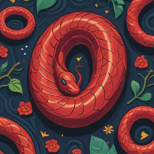 A vibrant illustration depicting a red snake coiling around a lucky charm, intricate details on the snake's scales, a shimmering amulet glowing in its grasp, a serene garden setting with blooming flowers, soft sunlight filtering through leaves, a sense of good fortune and prosperity, vivid colors, enchanting atmosphere, 4k