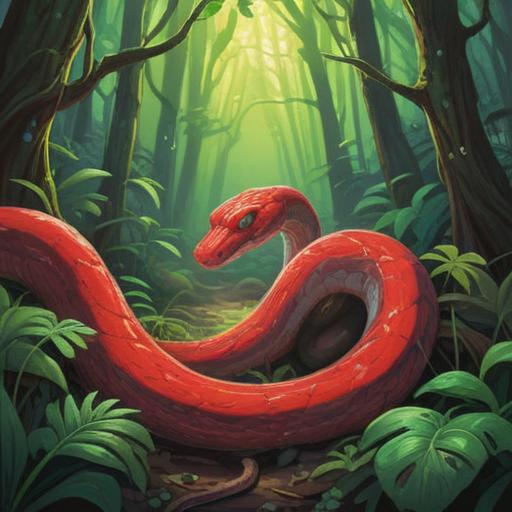 A vivid encounter with a red snake in a lush forest, sunlight filtering through the leaves, the snake coiled gracefully around a tree branch, bright red scales shimmering, a sense of curiosity and wonder in the air, the protagonist looking intrigued and enlightened, mystical energy surrounding them, harmonious nature elements, 4k