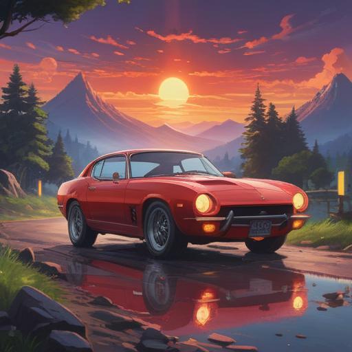 A vibrant red car symbolizing passion and energy, surrounded by a glowing aura, amidst a scenic landscape with mountains and trees, reflecting spirituality and freedom, a clear blue sky above, rays of sunlight shining down, mystical elements like sparkles and ethereal lights, capturing the essence of movement and transformation, cinematic depth, 4k