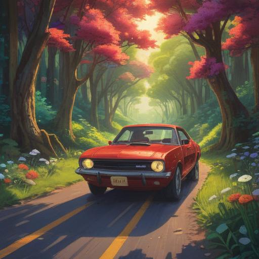 A vibrant scene featuring a red car driving down a winding road, surrounded by lush greenery and colorful flowers, sunlight filtering through the trees, a feeling of serenity and positivity, symbolic elements representing spiritual guidance like glowing orbs or ethereal light, clear blue sky, the car is in motion suggesting progress, 4k