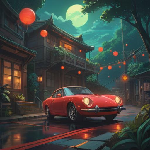 A vibrant illustration of a red car parked on a winding road, surrounded by lush greenery, glowing orbs of spiritual light floating around, symbolic signs like feathers and angel numbers in the background, mystical ambiance, soft sunlight filtering through trees, conveying a sense of guidance and enlightenment, 4k
