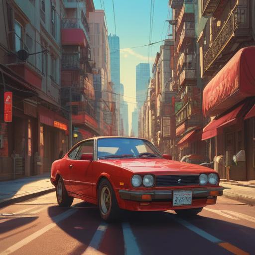 A dynamic scene capturing the energy flowing from a bright red car, vibrant colors, sunlight reflecting off the sleek exterior, a person standing confidently beside the car, hands raised as if channeling power, a sense of motion and exhilaration, urban backdrop with city skyline, clarity and detail in the car's design, 4k