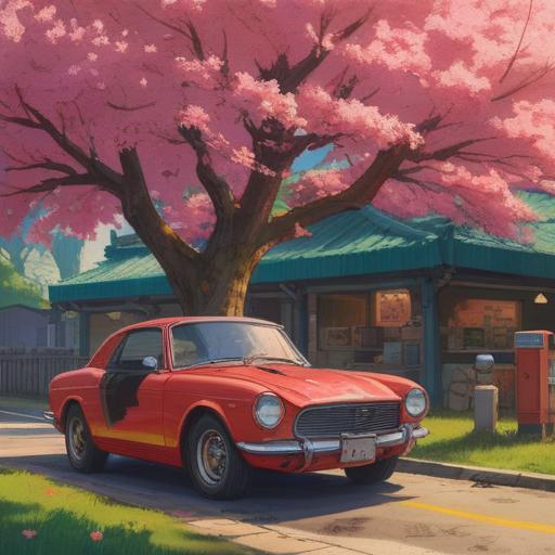 A vibrant illustration of a red car parked under a blooming cherry blossom tree, sunlight filtering through the petals, a person sitting inside the car reflecting on their journey, an open journal on their lap, symbols of personal growth around them such as a small plant, a light bulb above their head, and a serene expression on their face, warm and hopeful atmosphere, 4k