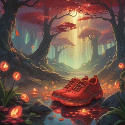 A pair of red shoes glowing with spiritual energy, surrounded by ethereal light, symbols of good fortune floating nearby, a serene landscape in the background, vibrant colors, mystical aura, reflective surfaces, symbolic elements representing positivity, enchanting atmosphere, 4k